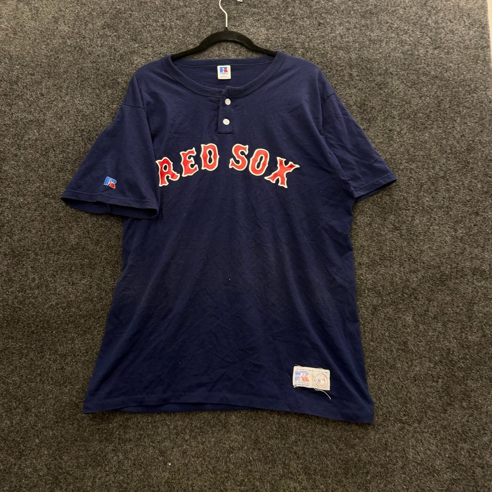 Vintage 90s Russell Athletic Boston Red Sox Henley Shirt Navy Blue XXL Made USA